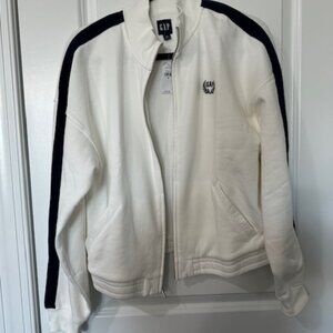 NWT GAP VINTAGESOFT TRACK JACKET IN WHITE WITH NAVY BLUE STRIPES - SIZE M